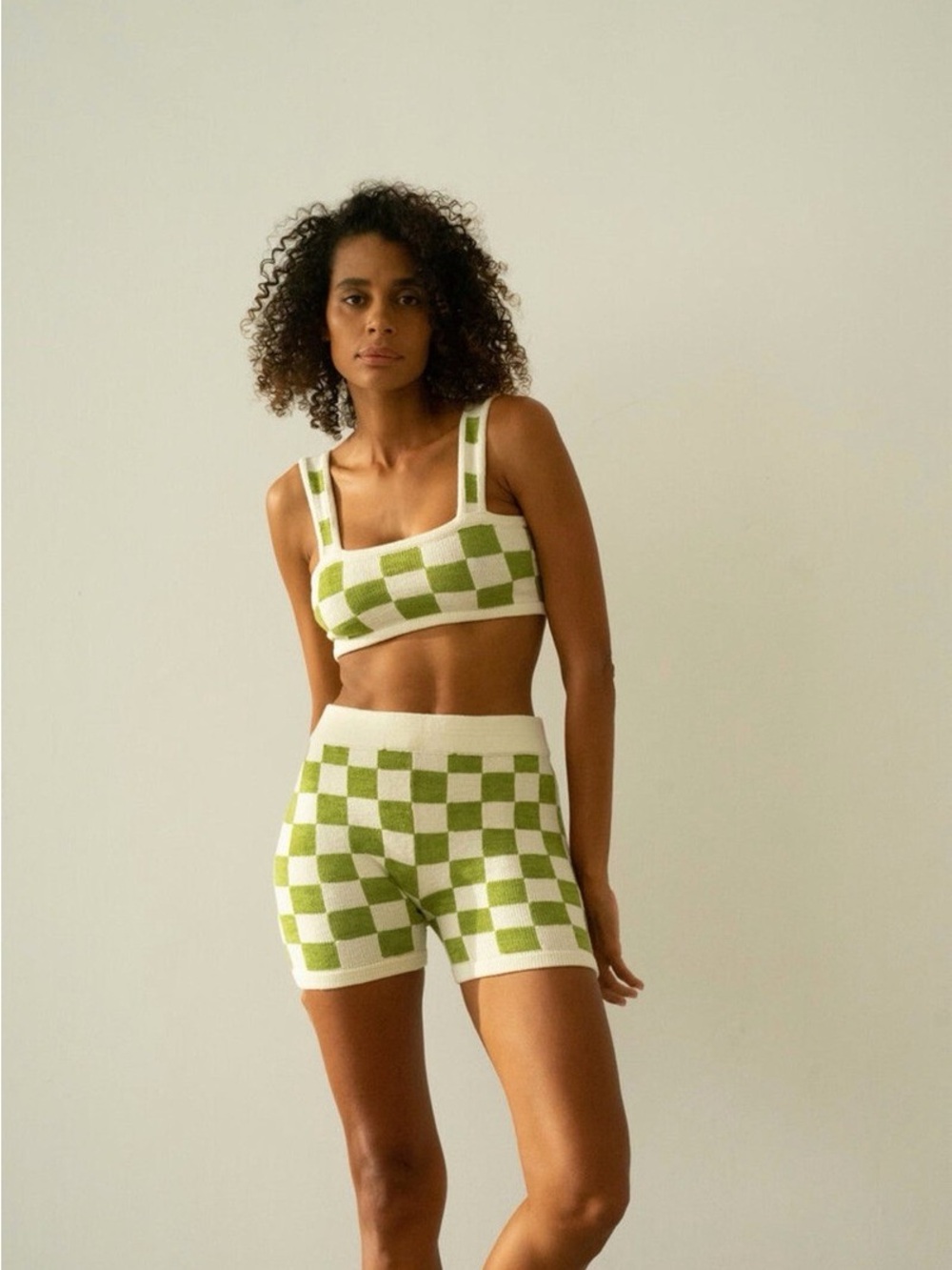 NWOT Belle The Label Knit Checkered Top & Shorts Wasabi Cream Cotton Large